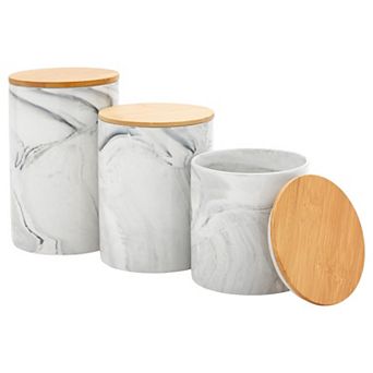 Set Of 3 Marble Ceramic Kitchen Canisters With Wooden Bamboo Lids (3 Sizes)