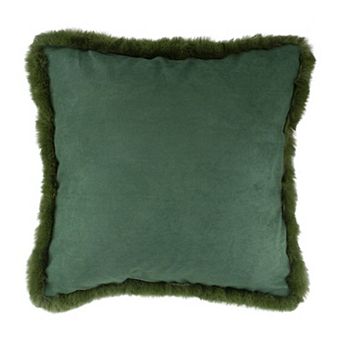 17" Dark Green Velvet Throw Pillow with Faux Fur Fringe Edging