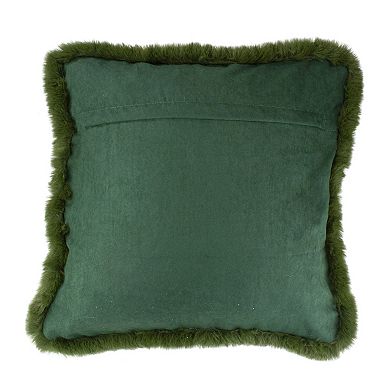 17" Dark Green Velvet Throw Pillow with Faux Fur Fringe Edging