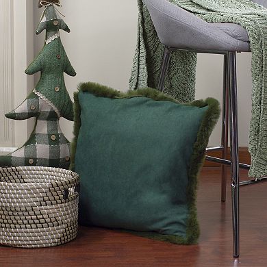 17" Dark Green Velvet Throw Pillow with Faux Fur Fringe Edging