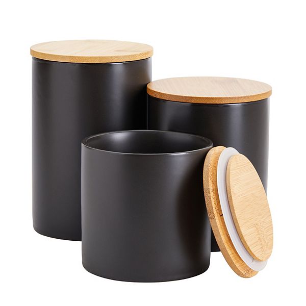 Set of 3 Small Matte Black Ceramic Kitchen Canisters Set with Airtight