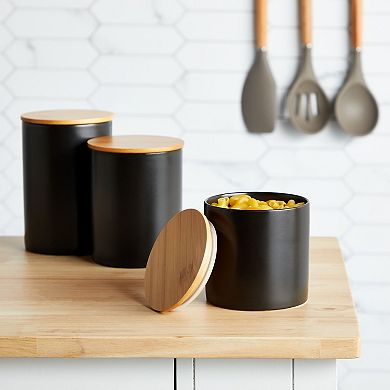 Set Of 3 Matte Black Ceramic Kitchen Canisters With Wooden Bamboo Lids (3 Sizes)