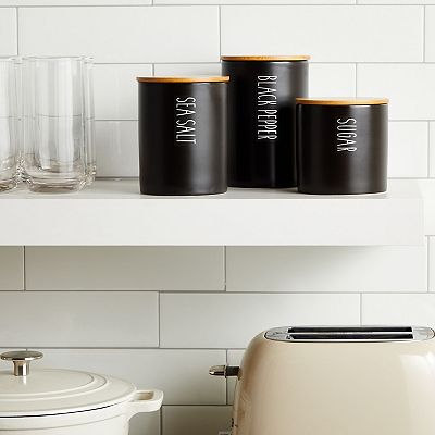 Set Of 3 Matte Black Ceramic Kitchen Canisters With Wooden Bamboo