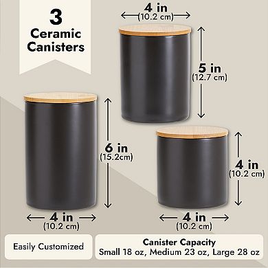 Set Of 3 Matte Black Ceramic Kitchen Canisters With Wooden Bamboo Lids (3 Sizes)