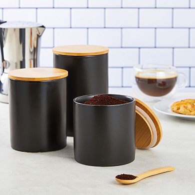 Set Of 3 Matte Black Ceramic Kitchen Canisters With Wooden Bamboo Lids (3 Sizes)