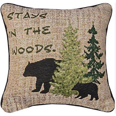 Brown and Green "What happens in the Woods" Quoted Square Throw Pillow with Piping 12.5"