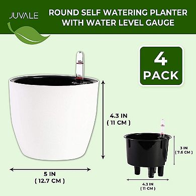 Self Watering Planter with Water Level Indicator (White, 4.3 in, 4 Pack)