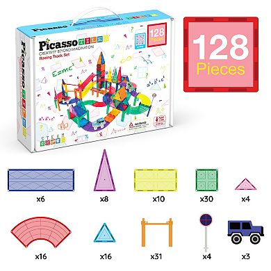 Picasso Tiles 128 PC Race Track, Magnetic Tiles, Magnetic Building Toys for Kids 3+
