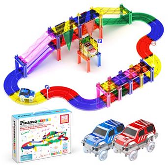PicassoTiles 50 pc Race Track, Magnetic Tiles, Magnetic Building Toys for Kids 3+