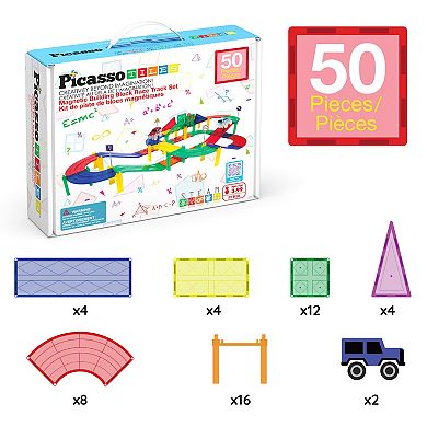 PicassoTiles 50 PC Race Track, Magnetic Tiles, Magnetic Building Toys for Kids 3+