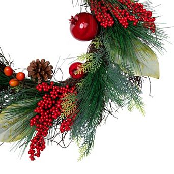 Autumn Harvest Pine Berry and Pomegranate Wreath 24 inch Unlit