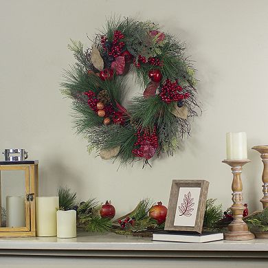 Autumn Harvest Pine Berry and Pomegranate Wreath 24 inch Unlit