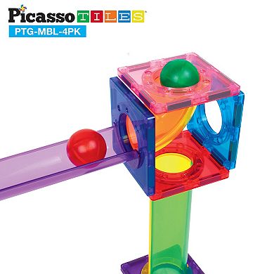 PicassoTiles 4 PC Marbles for Marble Run Race Track Magnetic Building Block, STEM Toy for Kids 3+