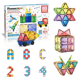 PicassoTiles 63 pc Magnetic Tiles Toy Set, Magnetic Building Blocks for Kids, Magnet for Kids 3+