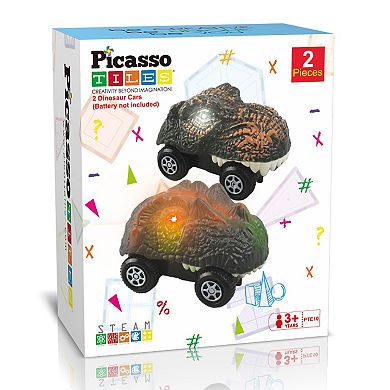 PicassoTiles 2 Dinosaur Toy Race Cars for Toy Race Car Track for Kids 3+ Years Old