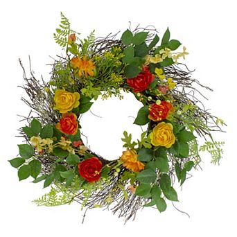 Ranunculus and Rose Floral Spring Wreath Orange and Yellow 20"