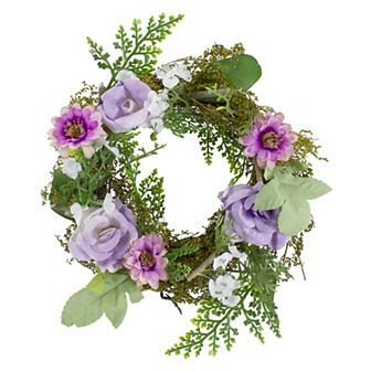 Mini Rose and Foliage Spring Wreath Pink and Purple 8"
