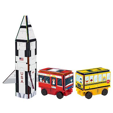 64 Piece 3-in-1  Rocket, School Bus, Train Theme Set