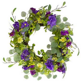 Eucalyptus and Hydrangea Floral Berry Spring Wreath Purple and Yellow 23"