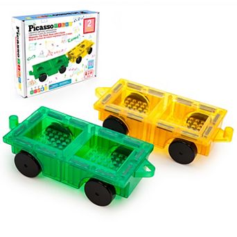 PicassoTiles 2 pc Car Set, STEM Toy Magnetic Tiles, Building Blocks for Kids Age 3 & Up, PT21