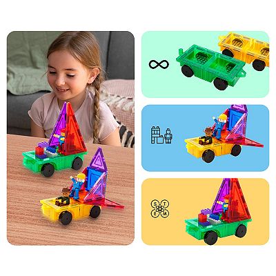 PicassoTiles Blocs de construction à aimant avec tuiles imprimées Thème de construction Jouet avec 8 figurines d'action Véhicules à aimant Tuiles magnétiques STEM Développement cérébral Apprentissage