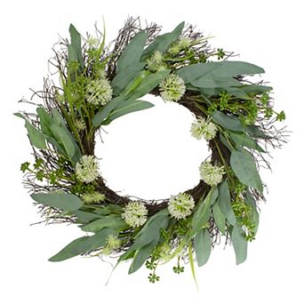 Olive Leaf and Floral Twig Spring Wreath Green and White 23"
