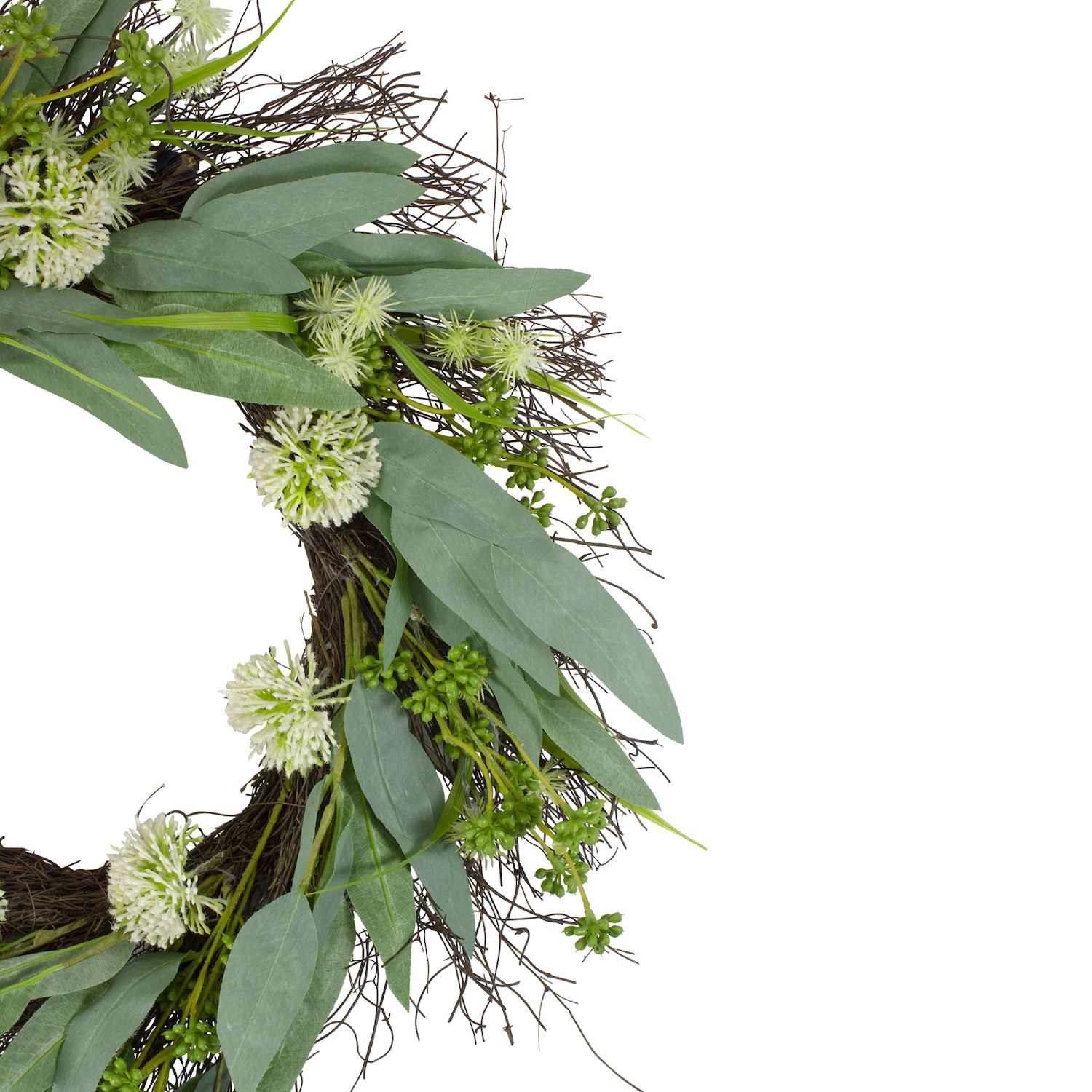 Olive Leaf And Floral Twig Spring Wreath Green And White 23"