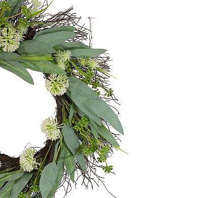 Olive Leaf and Floral Twig Spring Wreath Green and White 23"