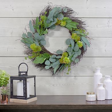 Olive Leaf and Floral Twig Spring Wreath Green and White 23"