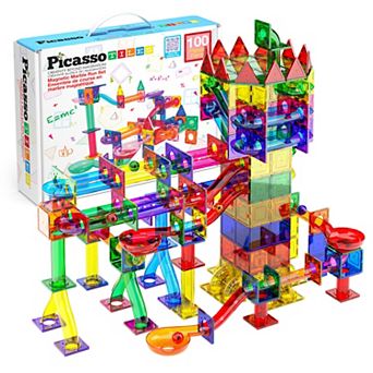 PicassoTiles 100 pc STEM Toy, Marble Run, Magnet Tile Building Blocks for Kids Age 3 & Up, PTG100