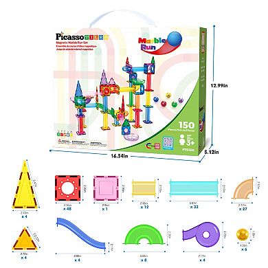 PicassoTiles 150 PC Marble Run Race Track Building Block & Magnetic Tiles, STEM Toy for Kids 3+
