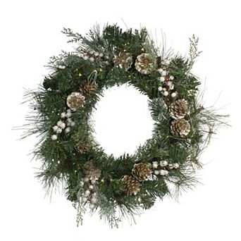 Pre-Lit Champagne Gold Pine Cone and Berry Mixed Pine Wreath - 22-Inch Clear Lights