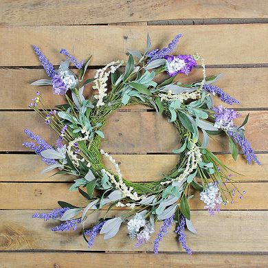 Green and Purple Twig Artificial Floral Wreath  16-Inch - Unlit