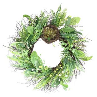 Green and Brown Foliage Artificial Spring Wreath with Nest - 24-Inch Unlit