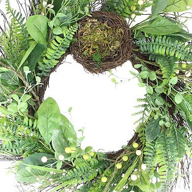 Green and Brown Foliage Artificial Spring Wreath with Nest - 24-Inch Unlit
