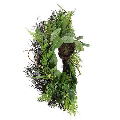 Green and Brown Foliage Artificial Spring Wreath with Nest - 24-Inch Unlit