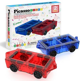 PicassoTiles 2 pc Travel Size Car, Magnetic Tiles and Brick Compatible, Magnet for Kids 3+