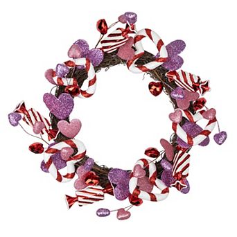 Pink and Purple Candies and Hearts Valentine's Day Wreath 16-Inch Unlit