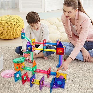 PICASSO-TILES 71 PC Marble Race Track Building Block & Magnetic Tiles, Building STEM Toy for Kids 3+