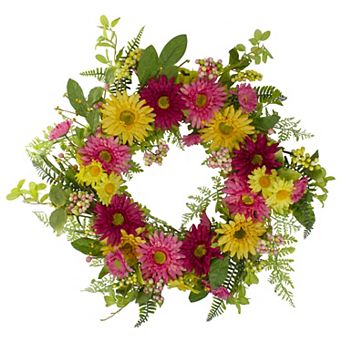 Chrysanthemum and Daisy Floral Spring Wreath Pink and Yellow 23"