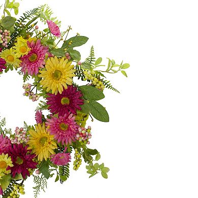 Chrysanthemum and Daisy Floral Spring Wreath Pink and Yellow 23"