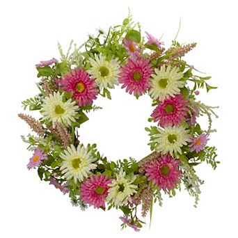 Chrysanthemum and Berry Floral Spring Wreath Pink and Yellow 23"