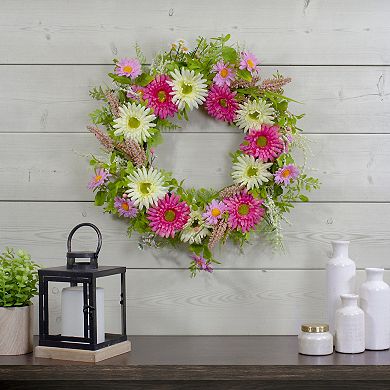 Chrysanthemum and Berry Floral Spring Wreath Pink and Yellow 23"