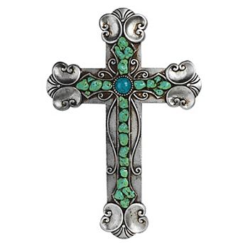 FC Design 13"H Decorative Wall Plaque Cross with Green Gem Religious Statue Wall Decoration Holy Figurine Home Room Decor