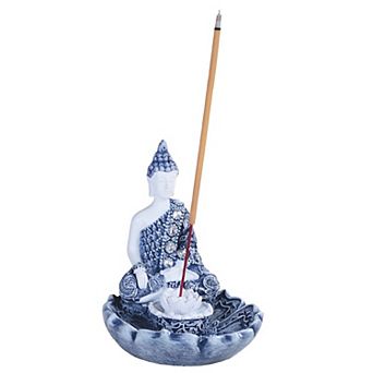 FC Design 4.25"H Gautama Buddha Earth Touching Statue with Louts Incense Burner Incense Sticks Holder in Blue and White Finish