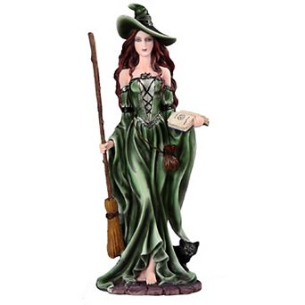 FC Design 10.75"H Green Witch with Broom and Black Cat Statue Fantasy Decoration Figurine Home Room Decor