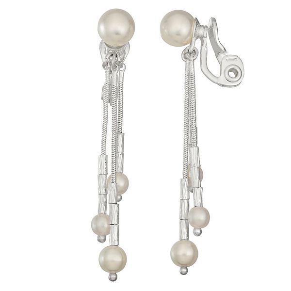 Napier Silver Tone Simulated Pearl Chandelier ClipOn Drop Earrings