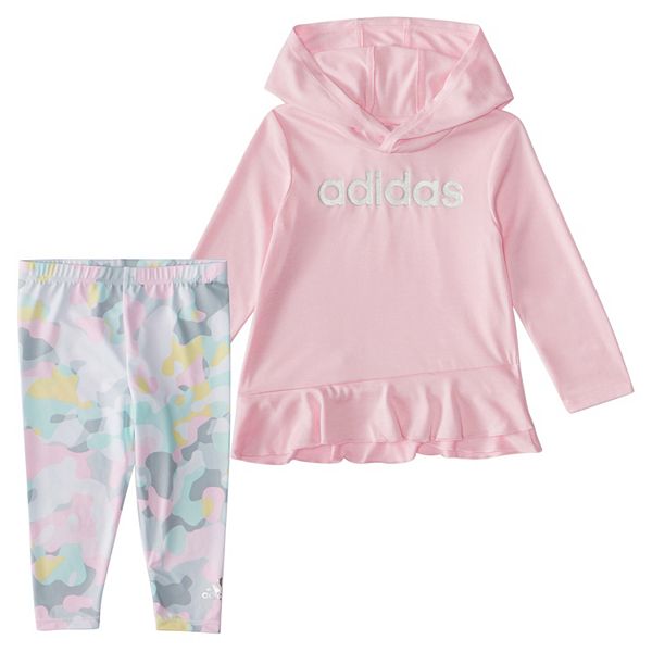 Baby Girl adidas Hooded Ruffle Hem Top & Watercolor Camo Print Leggings Set