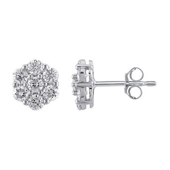 Yours and Mined 10k White Gold 1 Carat T.W. Diamond Cluster Stud Earrings
