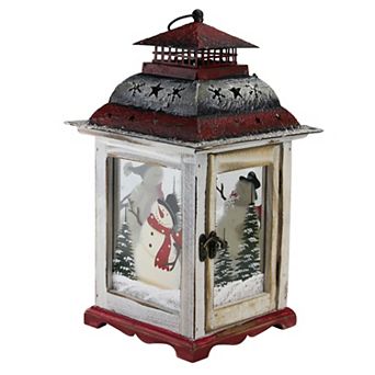 14.5" Rustic Red and White Snowman Christmas Scene Candle Lantern